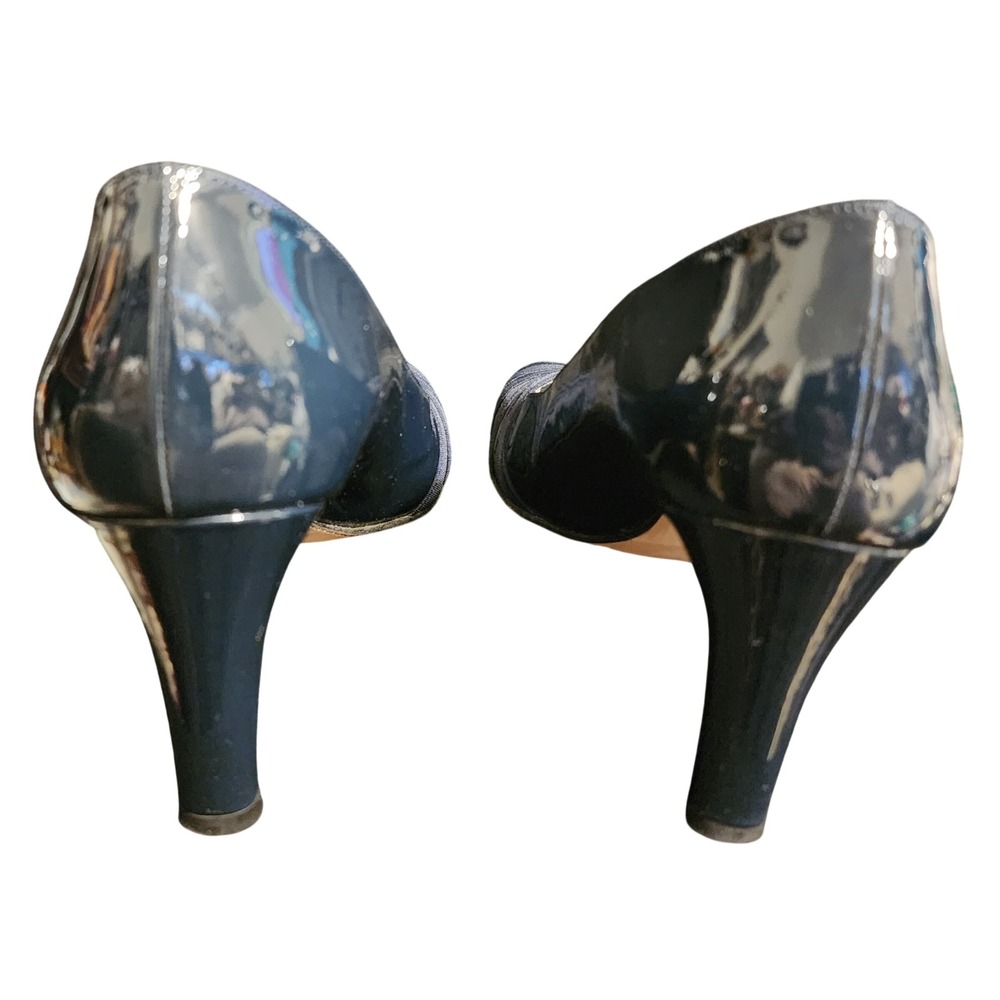 Stuart Weitzman Navy Patent Leather Peep Toe Pumps Grosgrain Heels Size 9.5 M - Picture 5 of 6